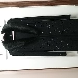 White House Black Market long sequined cardigan with fur collar